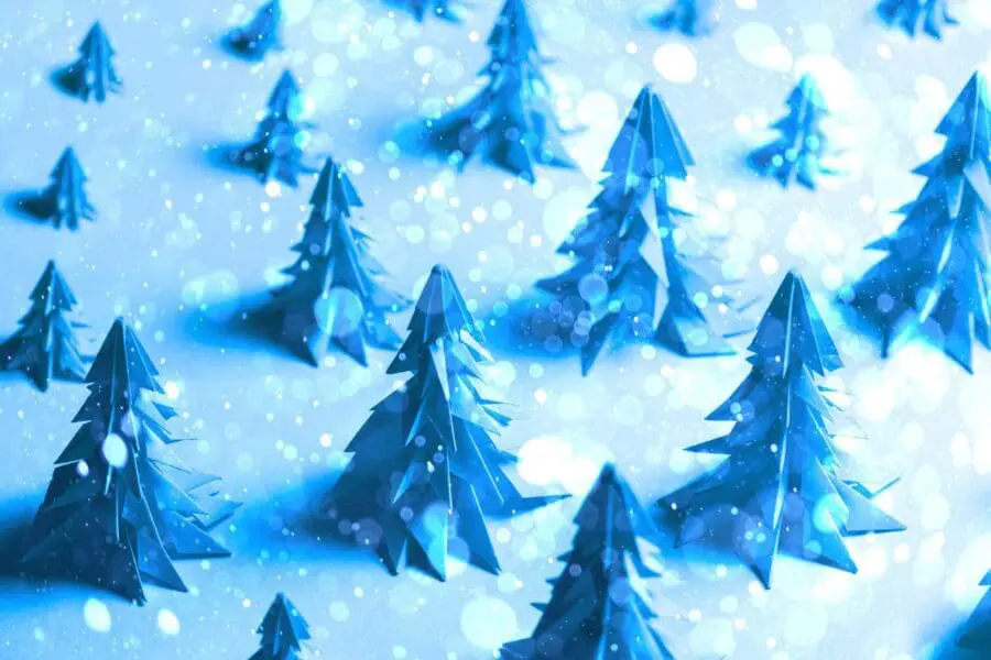 Several paper Christmas trees made using the origami technique on blue paper