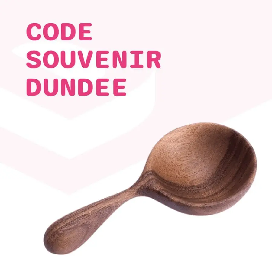 image of a Louise Forbes wooden spoon over the CODE Souvenir Dundee branding