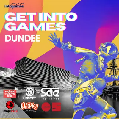 'GET INTO GAMES DUNDEE' headline with neon futuristic skateboarder, Dundee waterfront building and sponsor logos.