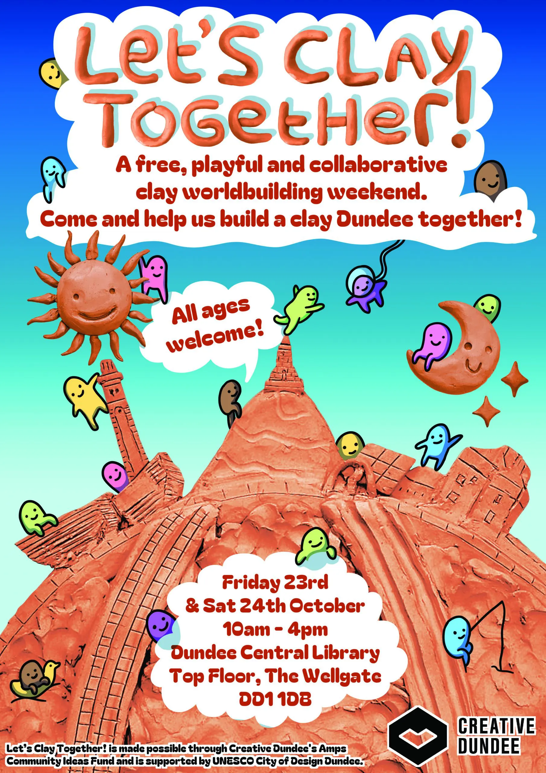 Playful invite: all ages welcome to free Let's Clay Together clay worldbuilding weekend, 23–24 Oct at Dundee Central Library