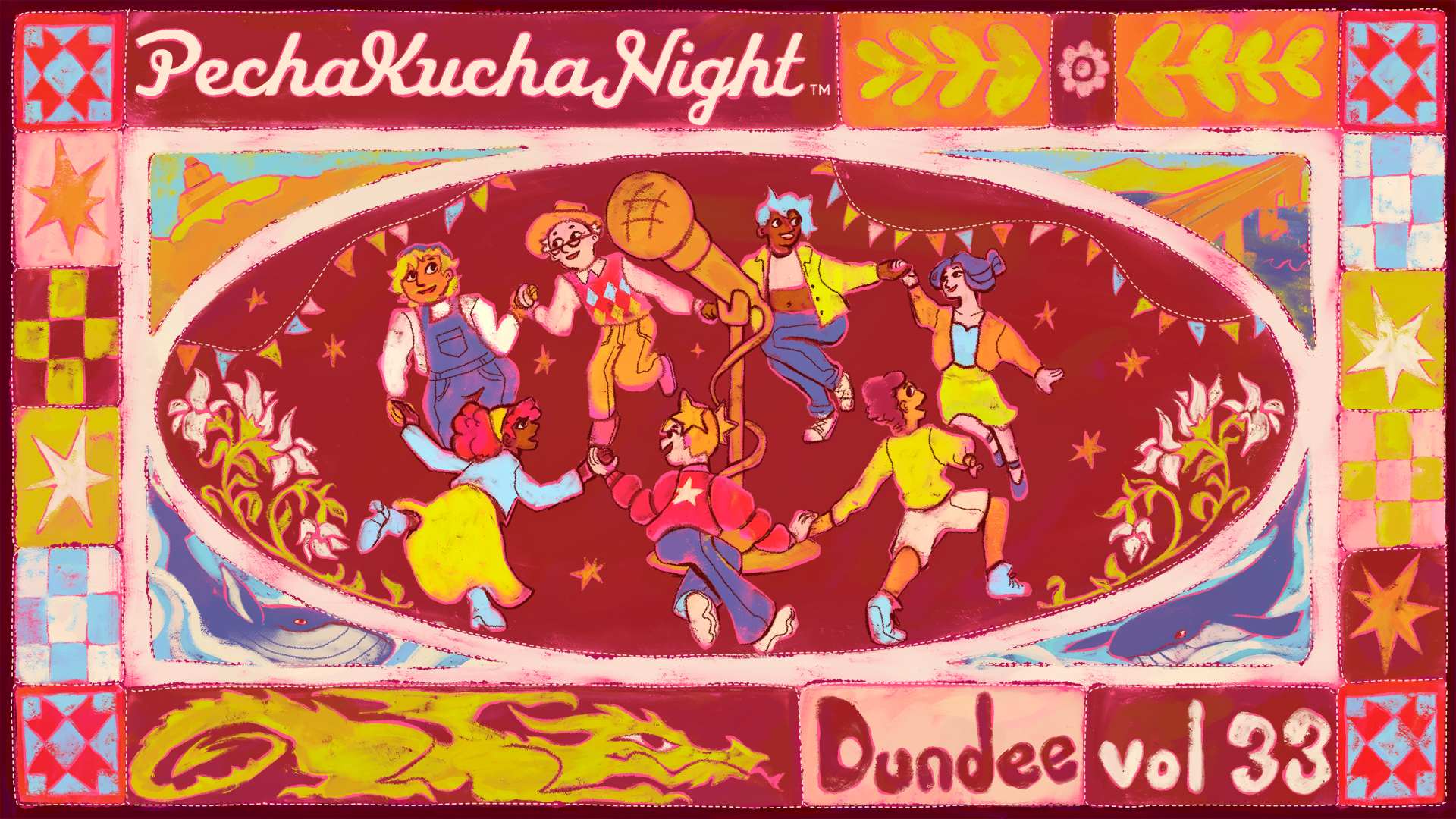 Vibrant poster: seven people dancing around a large microphone under bunting; border says PechaKucha Night, Dundee vol 33.