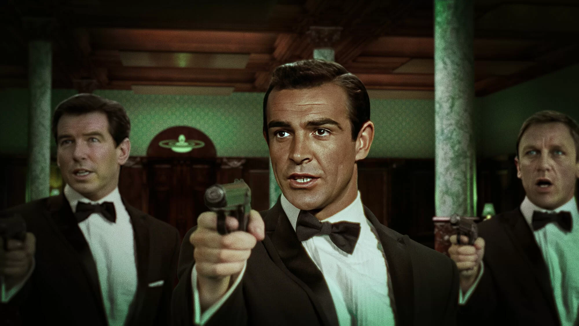 Three versions of James Bond in tuxedos aiming pistols forward, central man pointing a gun directly toward the viewer in an ornate room.