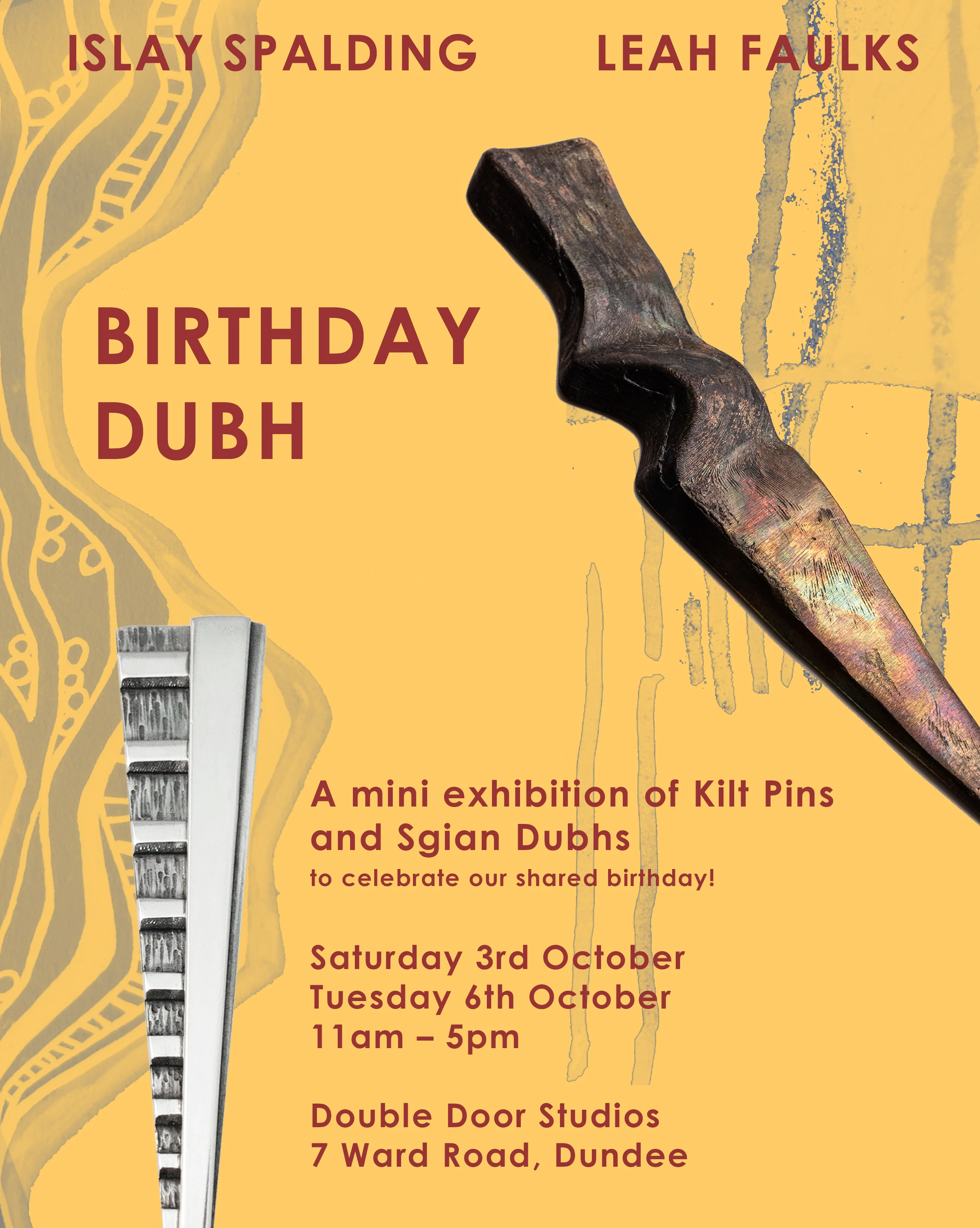 Two brooches, one wooden and one silver, sit on a yellow background. Red text reads "Islay Spalding Leah Faulks Birthday Dubh".