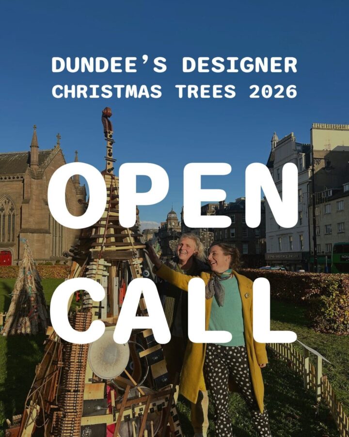 Open call for Dundee’s Designer Christmas Trees 2026 — two people beside a wooden sculptural tree in a city centre.