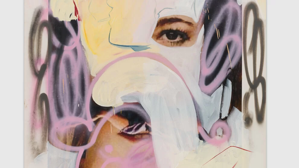 Abstract mixed-media portrait showing fragmented female eyes amid broad white brushstrokes and pink-purple graffiti loops.